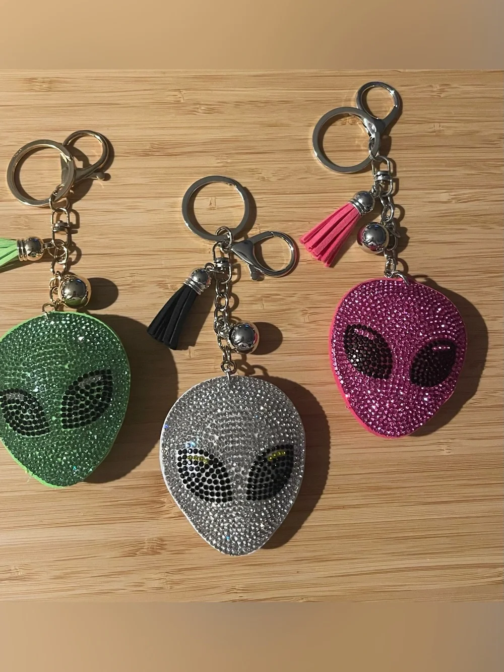 Rhinestones Puff Multicolor Alien Keychain bag charm with tassel